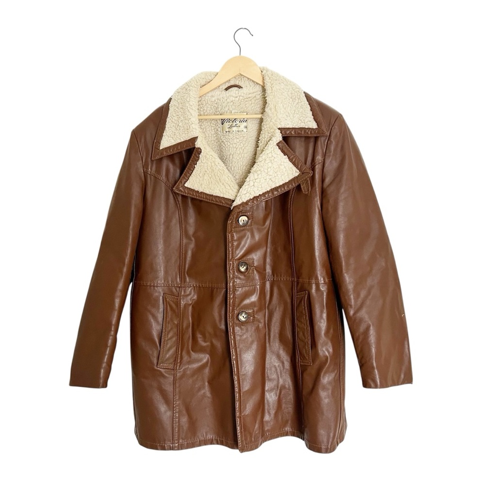 Vintage Brown Leather Pea Coat with Sherpa (Cotton) Lined & Collar Size 46